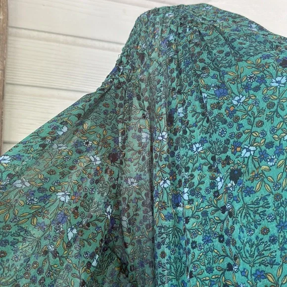 Free People Smocked Shoulder Midi Dress Green Floral Tiered Long Sleeve NWT - Picture 8 of 15